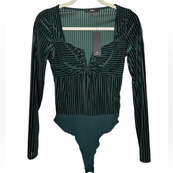 Lulus Tops - NWT Lulu’s Green Velvet Striped Bodysuit Size Small